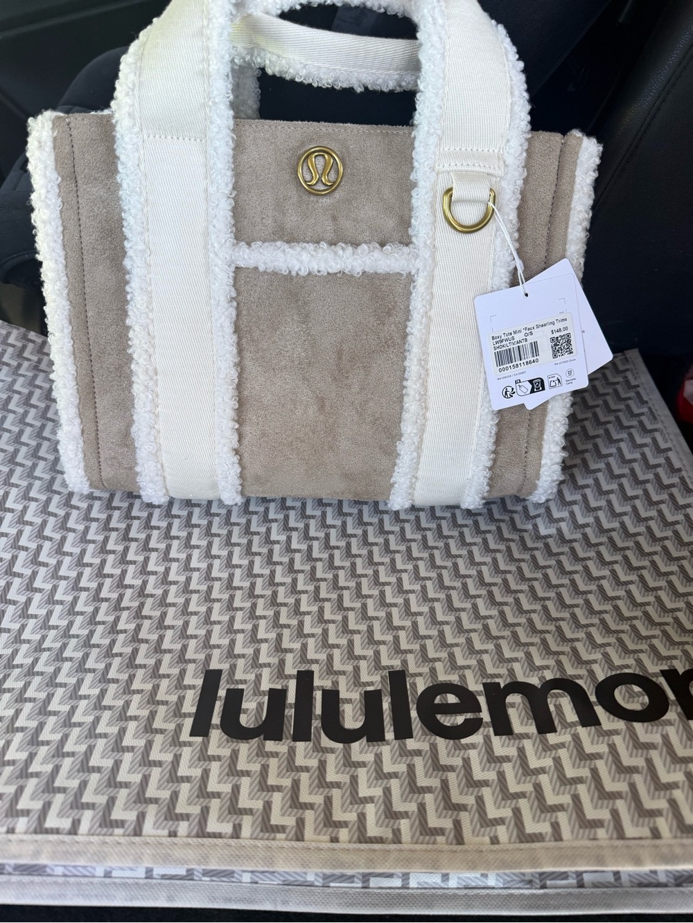 lululemon athletica Beige Suede Tote with White Sherpa Trim. Long strap inc.